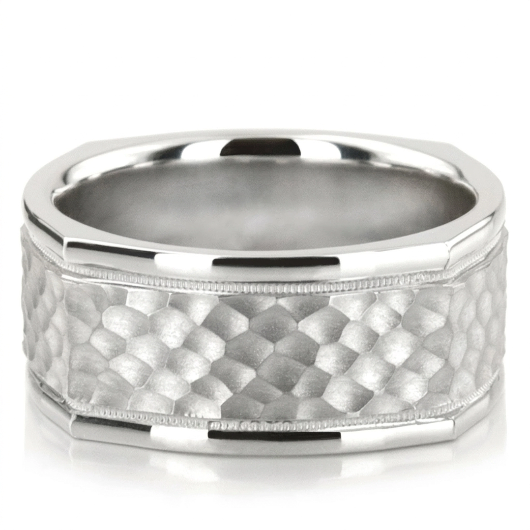 10K white gold 10mm. hammer basic-carved-square-wedding-band - main view