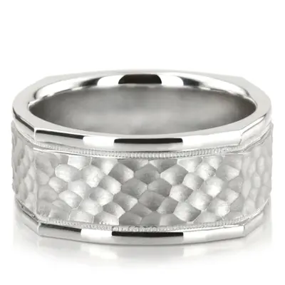 10K white gold 10mm. hammer basic-carved-square-wedding-band - main view thumbnail