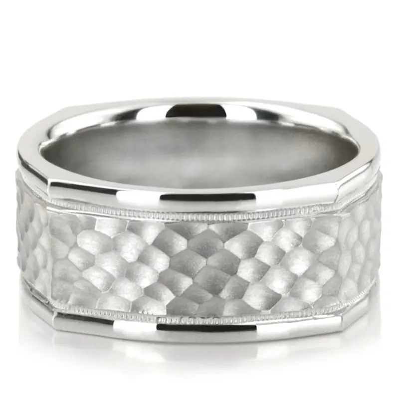 10K white gold 10mm. hammer basic-carved-square-wedding-band - main view