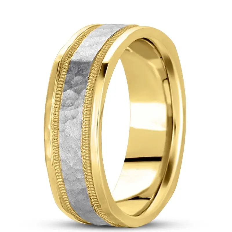 10K yellow-white-yellow gold 7mm. hammer basic-carved-square-wedding-band - alternate view 6