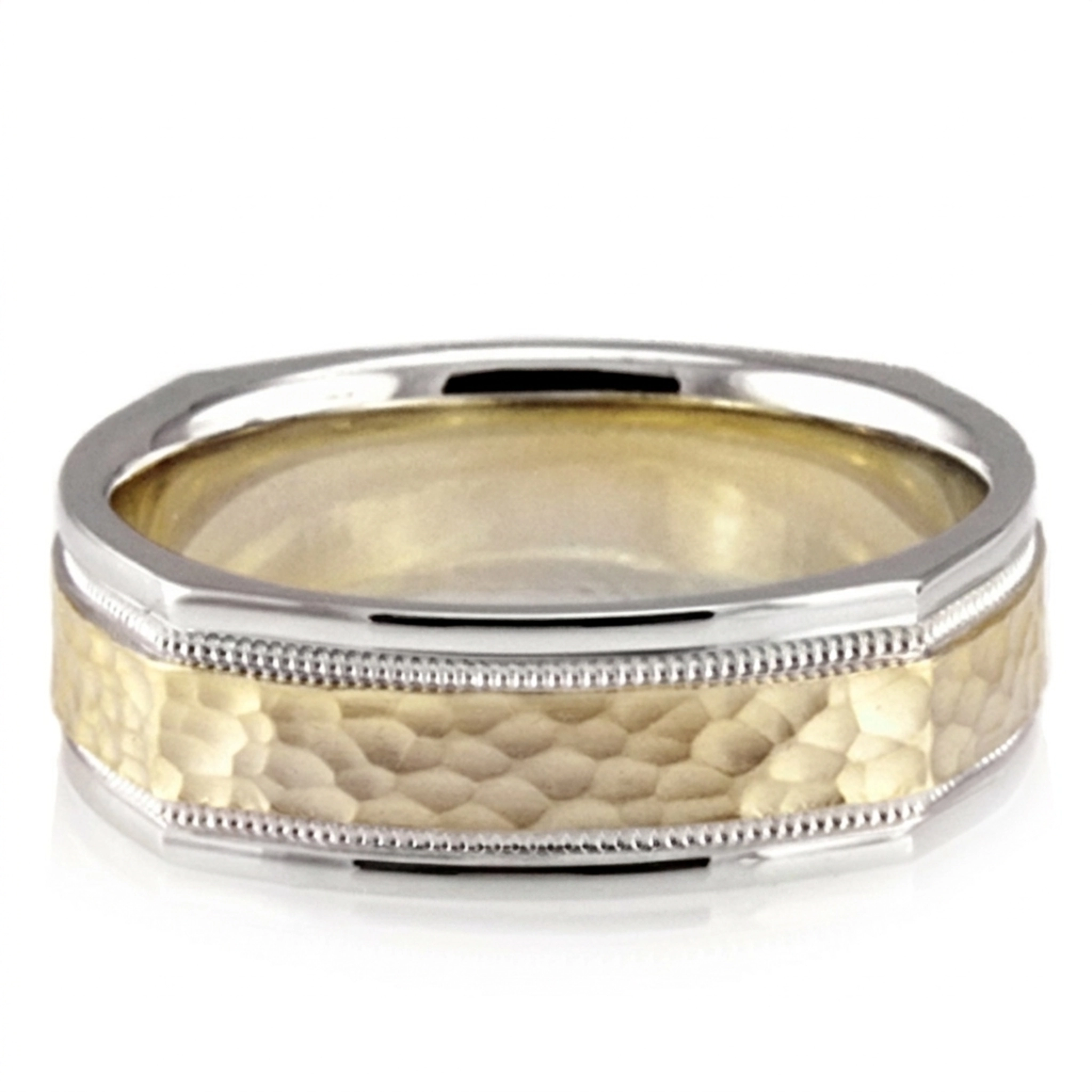 10K white-yellow-white gold 7mm. hammer basic-carved-square-wedding-band - alternate view 6