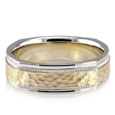 10K white-yellow-white gold 7mm. hammer basic-carved-square-wedding-band - alternate view 6 thumbnail