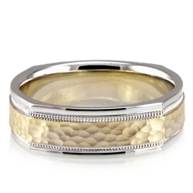 10K white-yellow-white gold 7mm. hammer basic-carved-square-wedding-band - alternate view 7