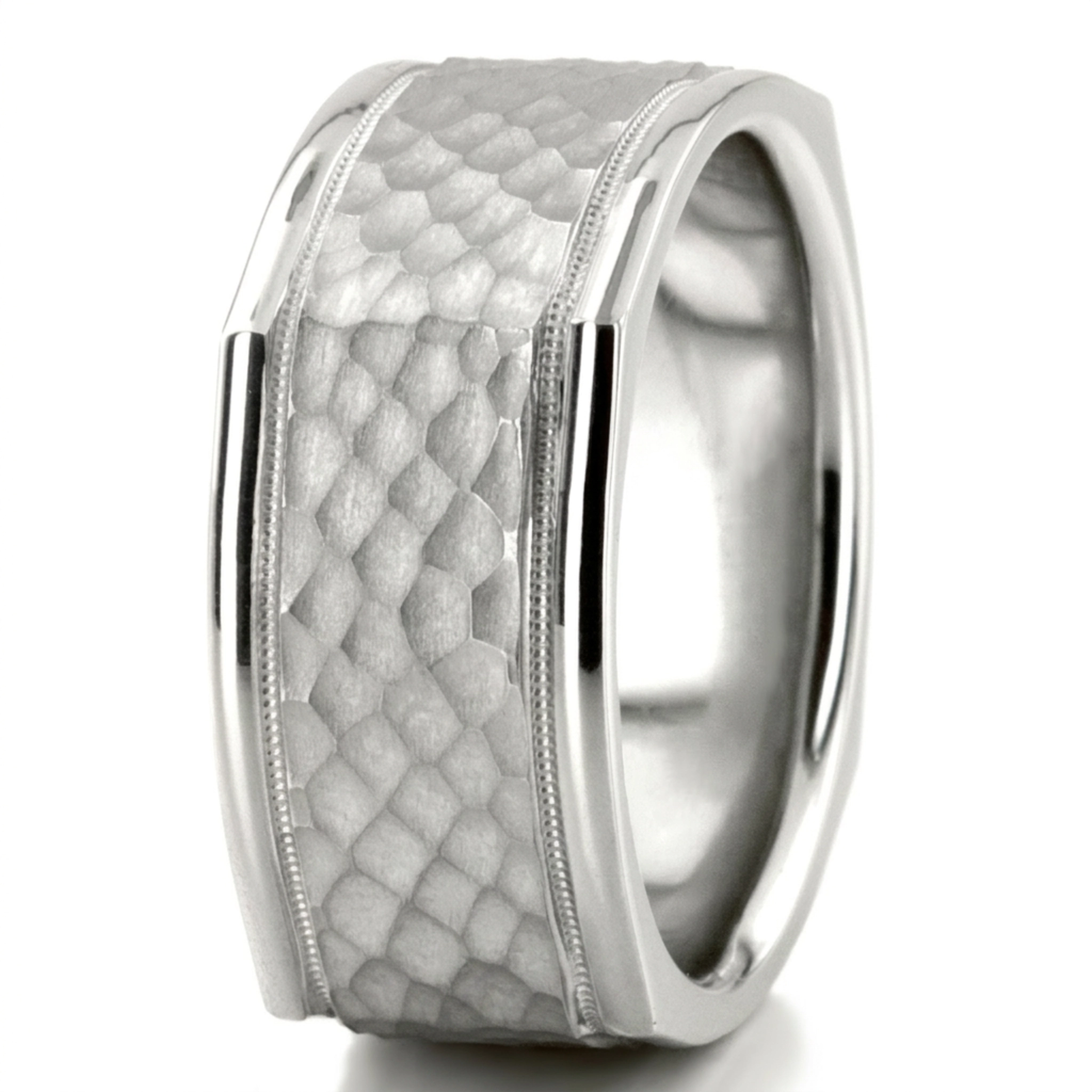 10K white gold 10mm. hammer basic-carved-square-wedding-band - alternate view 7