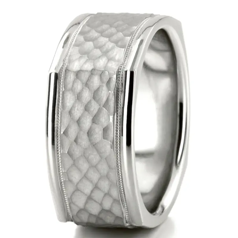10K white gold 10mm. hammer basic-carved-square-wedding-band - alternate view 8