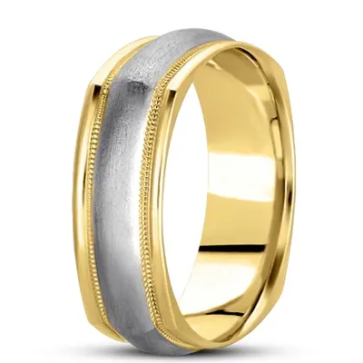 10K yellow-white-yellow gold 7mm. wire matte basic-carved-square-wedding-band - alternate view 6 thumbnail