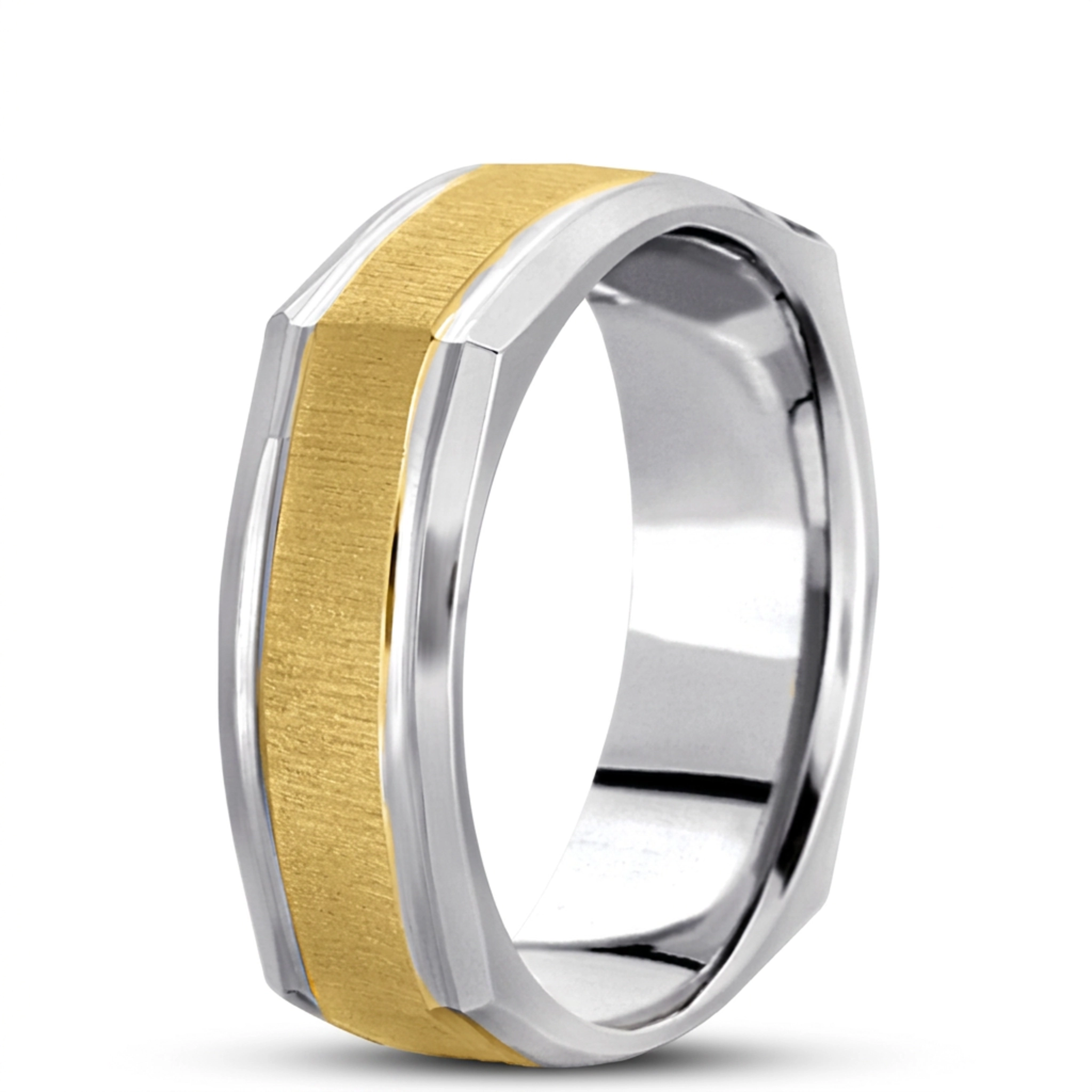 10K white-yellow-white gold 7mm. cross satin basic-carved-square-wedding-band - alternate view 5