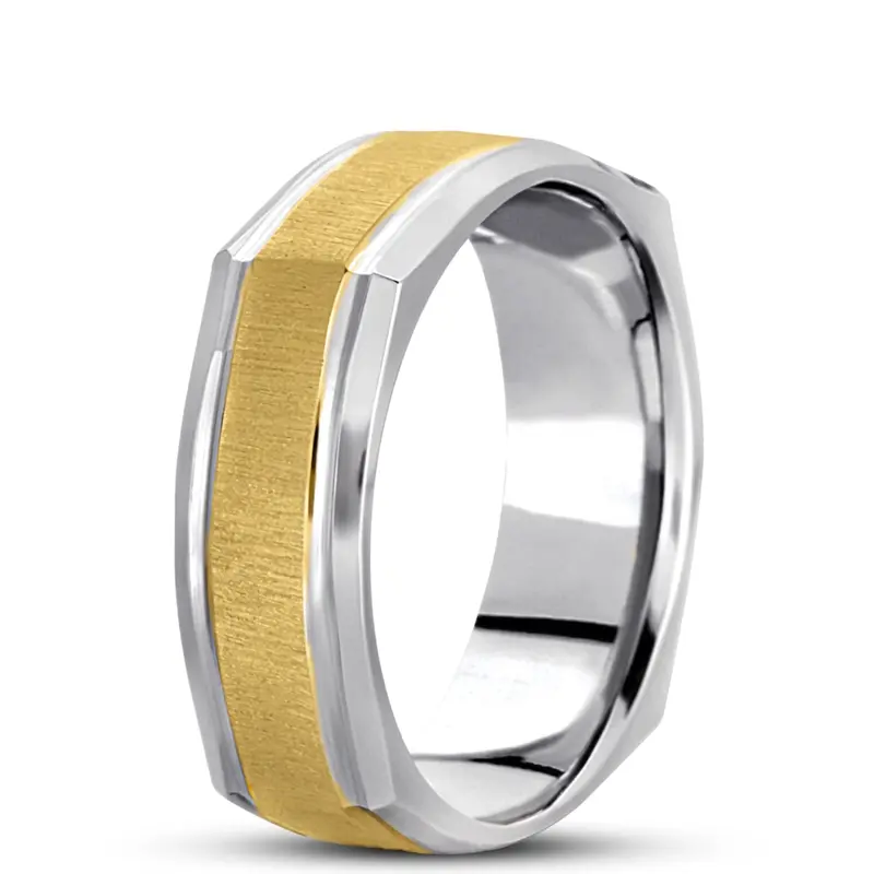 18K white-yellow-white gold 7mm. cross satin basic-carved-square-wedding-band - alternate view 5
