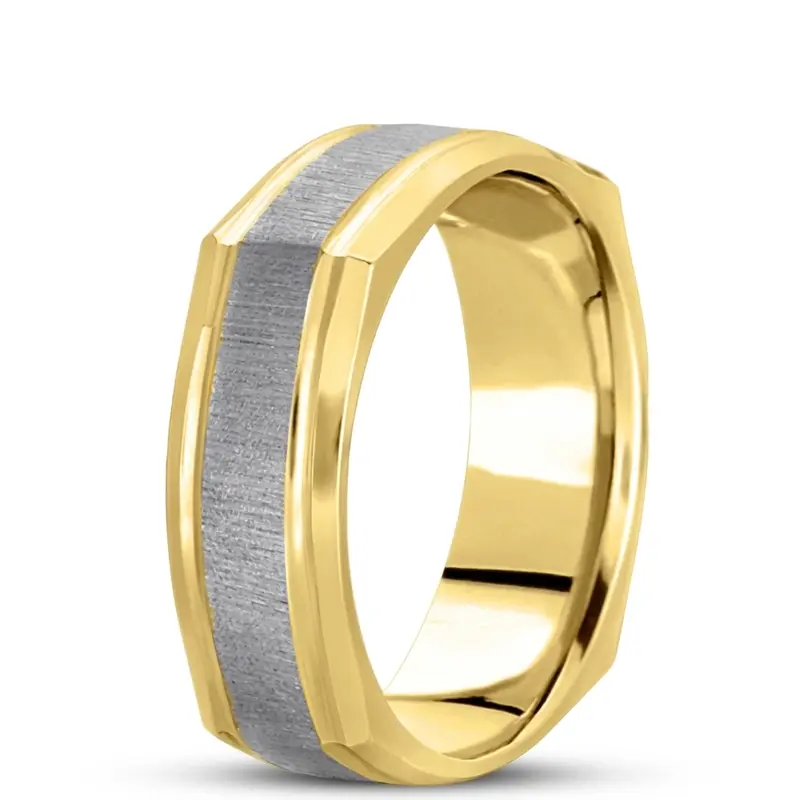 18K yellow-white-yellow gold 7mm. cross satin basic-carved-square-wedding-band - alternate view 6