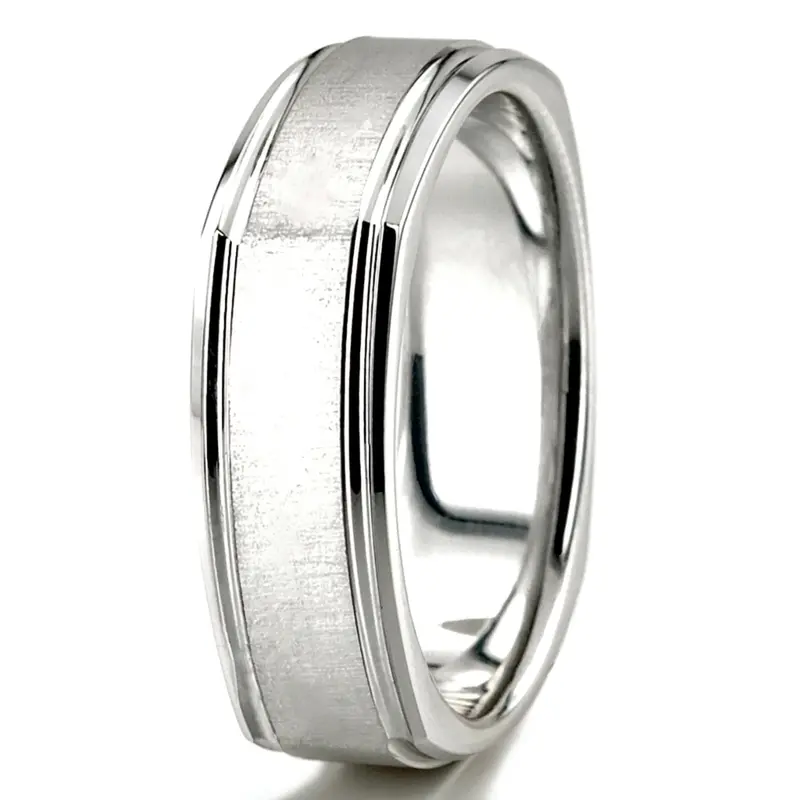 18K white gold 7mm. cross satin basic-carved-square-wedding-band - alternate view 4