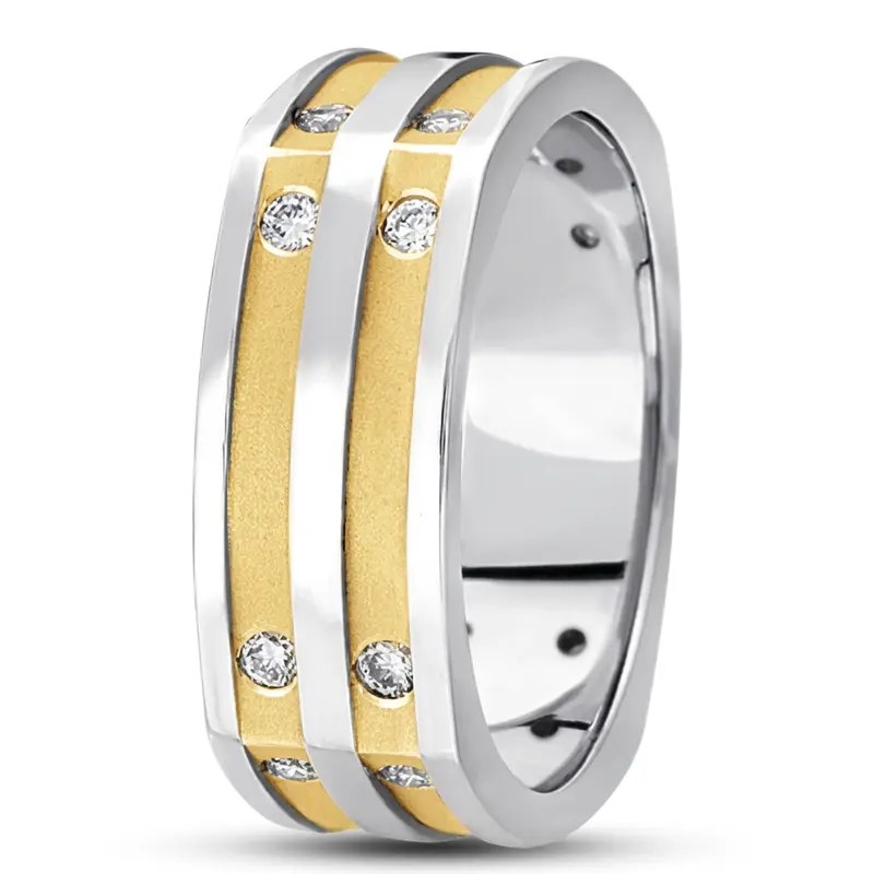 14K w-y-w-y-w gold 8mm. high polish diamond-classic-round-cut-wedding-band - main view