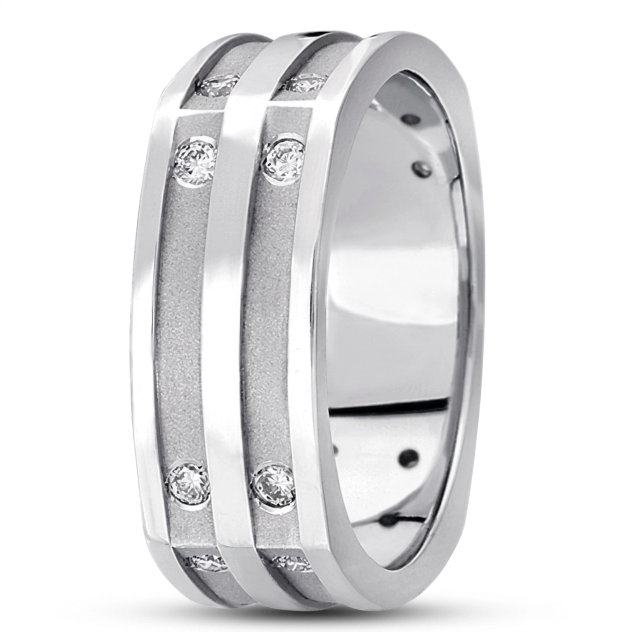 10K white gold 8mm. high polish diamond-classic-round-cut-wedding-band - alternate view 2