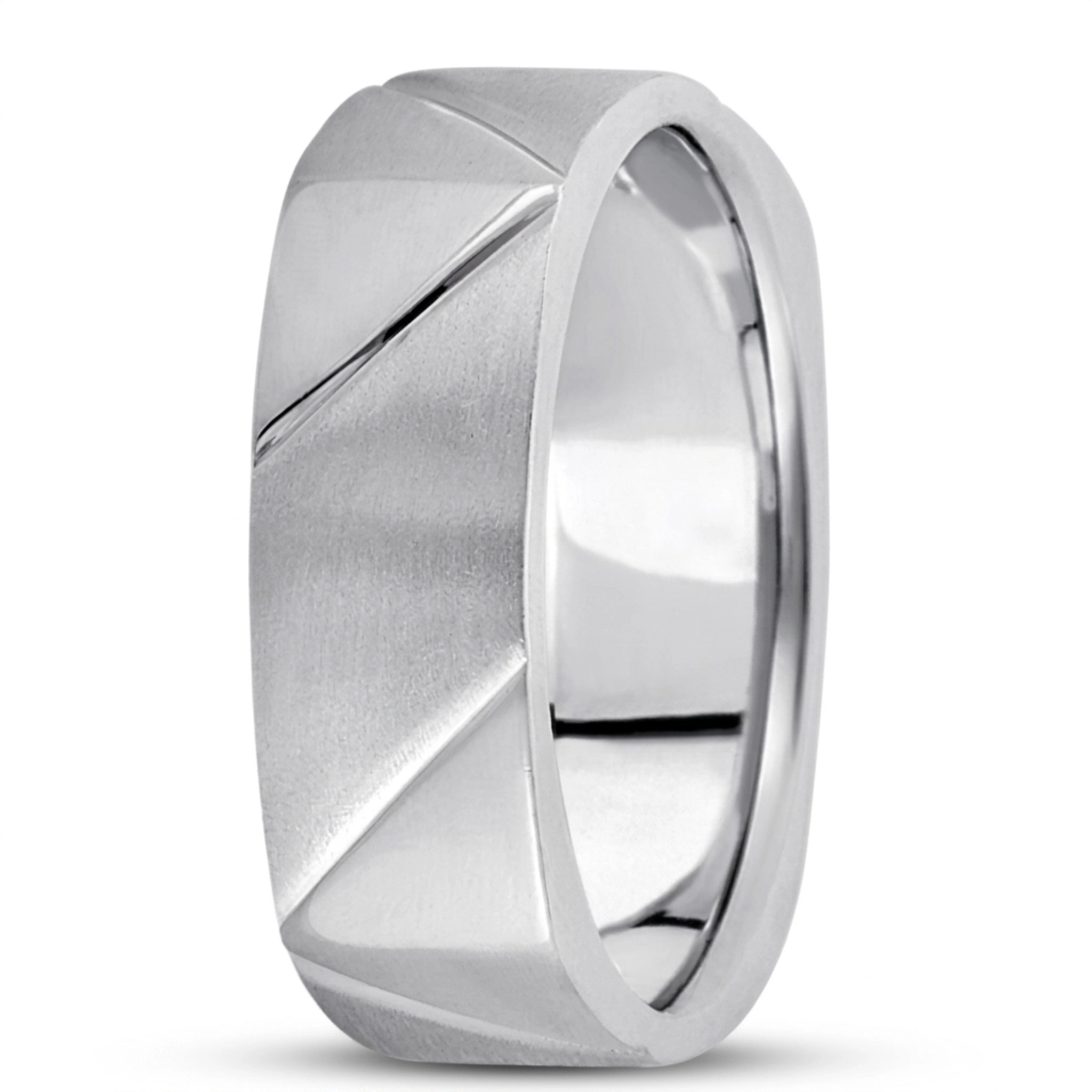 10K white gold 7mm. satin basic-carved-square-wedding-band - main view