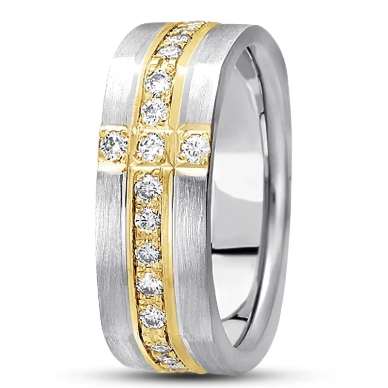 14K white-yellow-white gold 8mm. satin diamond-classic-round-cut-wedding-ring - main view