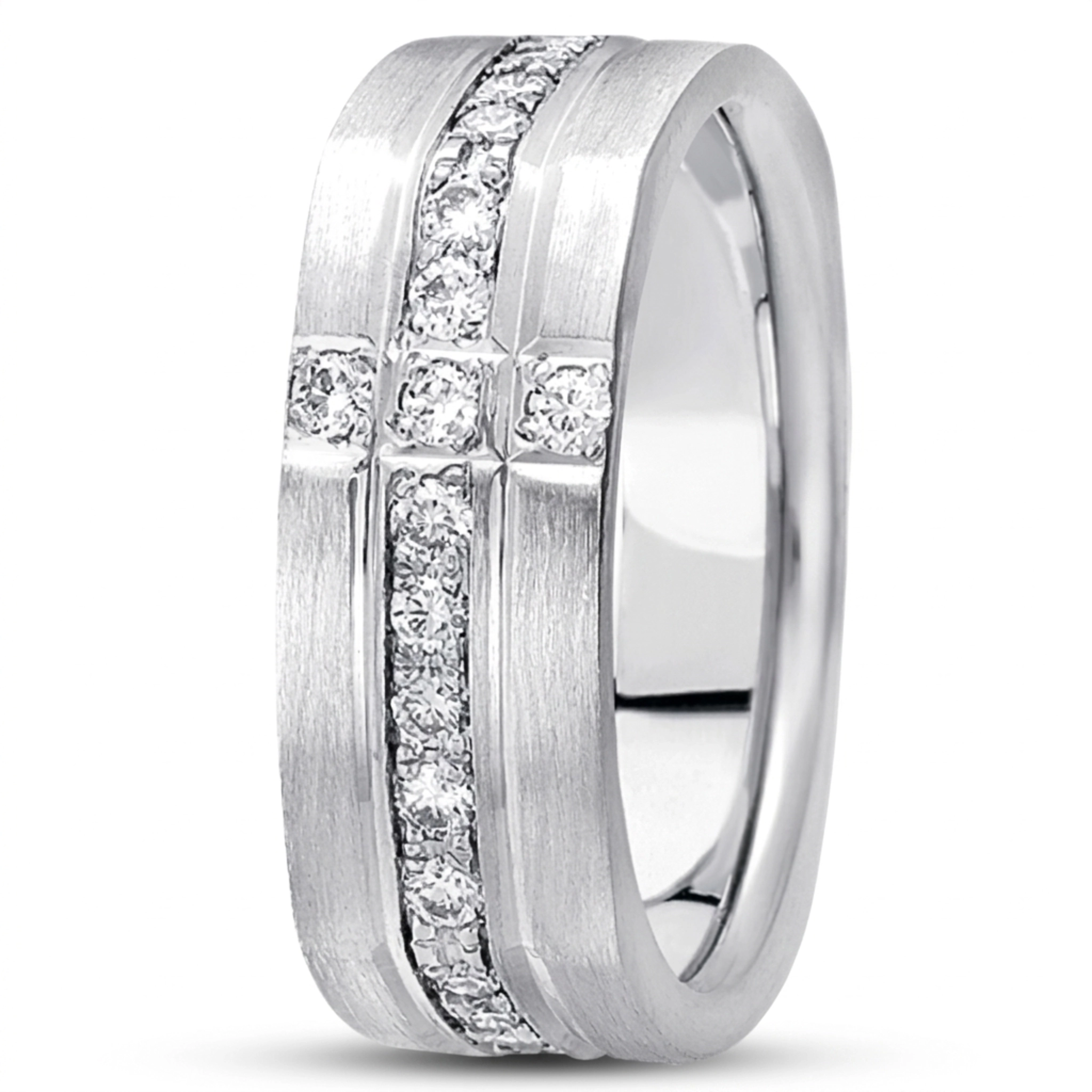 10K white gold 8mm. satin diamond-classic-round-cut-wedding-ring - alternate view 2