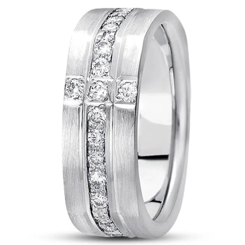 14K white gold 8mm. satin diamond-classic-round-cut-wedding-ring - alternate view 2