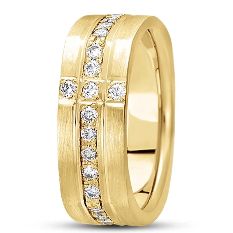 14K yellow gold 8mm. satin diamond-classic-round-cut-wedding-ring - alternate view 3