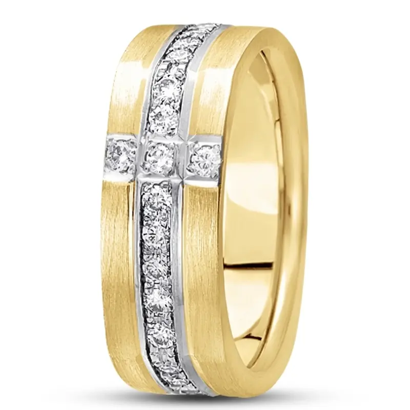 14K yellow-white-yellow gold 8mm. satin diamond-classic-round-cut-wedding-ring - alternate view 4