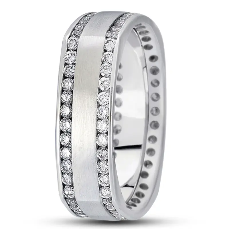 14K white gold 7mm. satin diamond-classic-round-cut-channel-wedding-band - main view