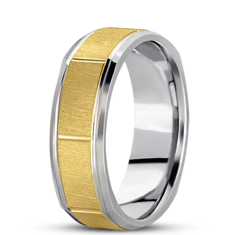 10K white-yellow-white gold 7mm. cross satin basic-carved-square-wedding-band - main view