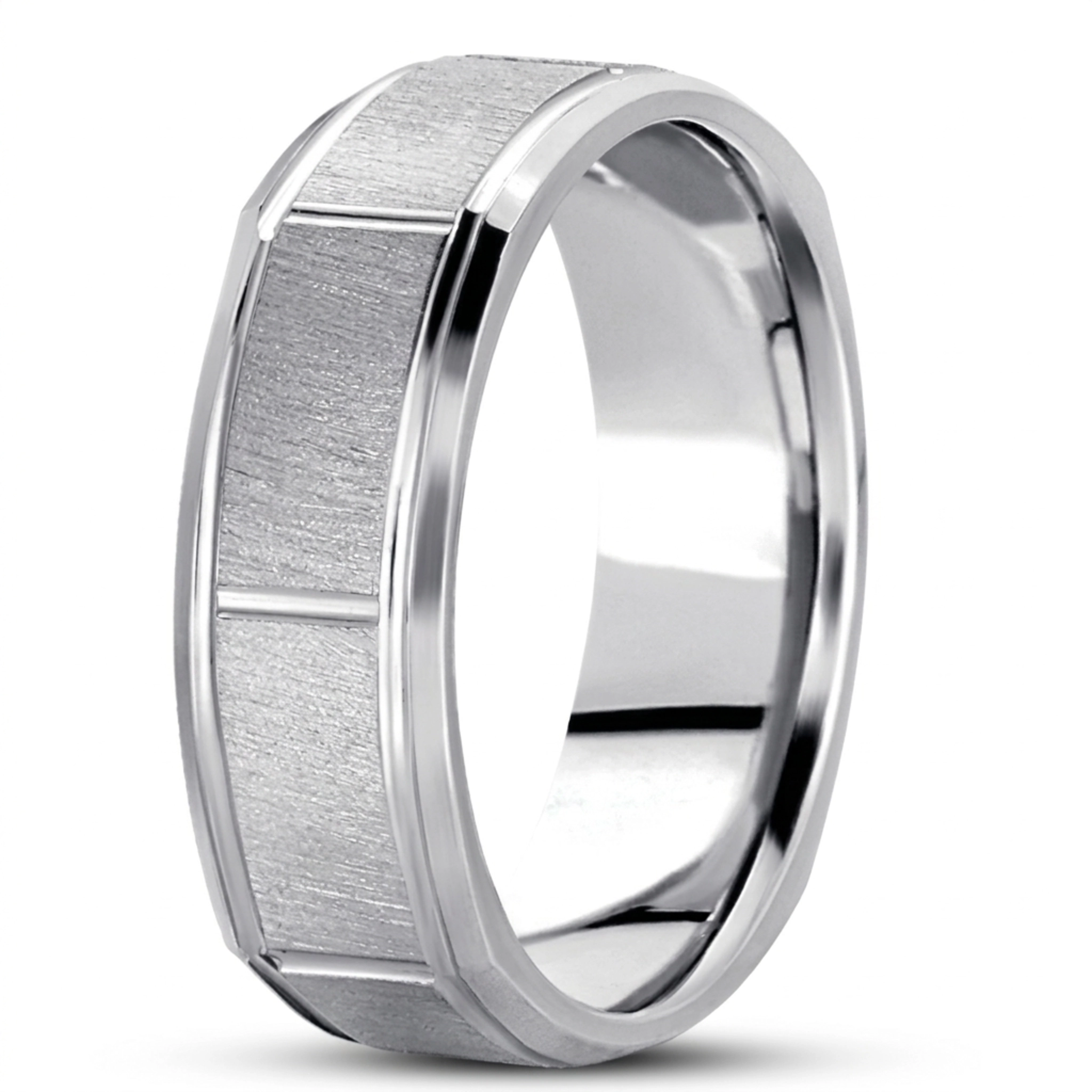 10K white gold 7mm. cross satin basic-carved-square-wedding-band - alternate view 2