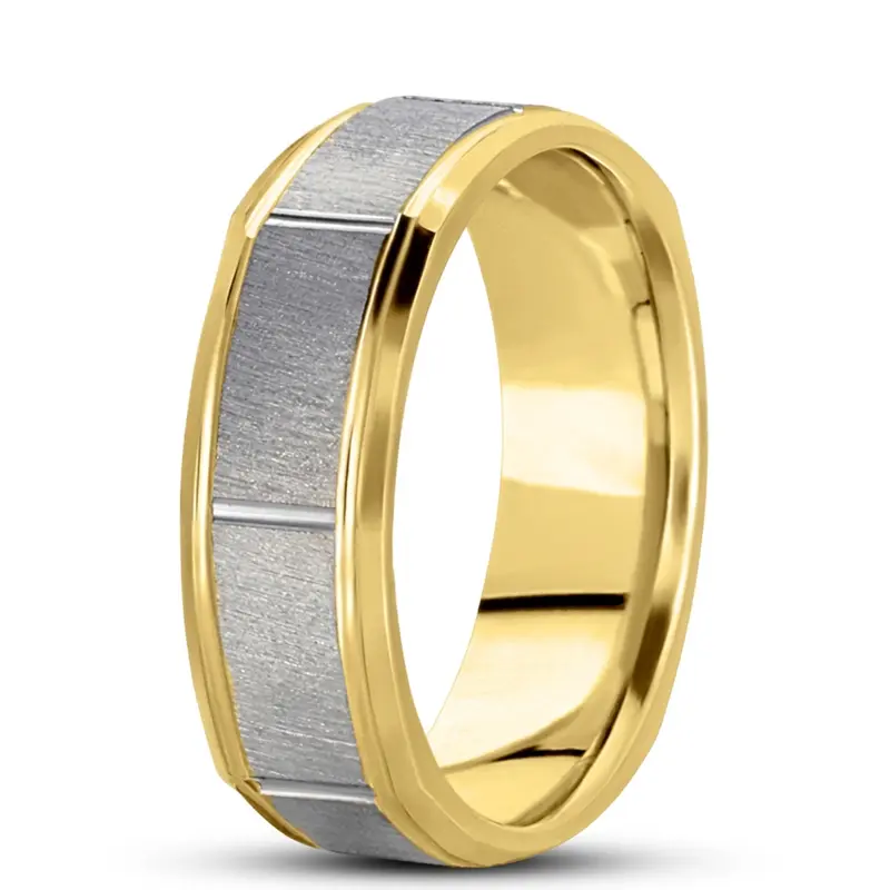 10K yellow-white-yellow gold 7mm. cross satin basic-carved-square-wedding-band - alternate view 4