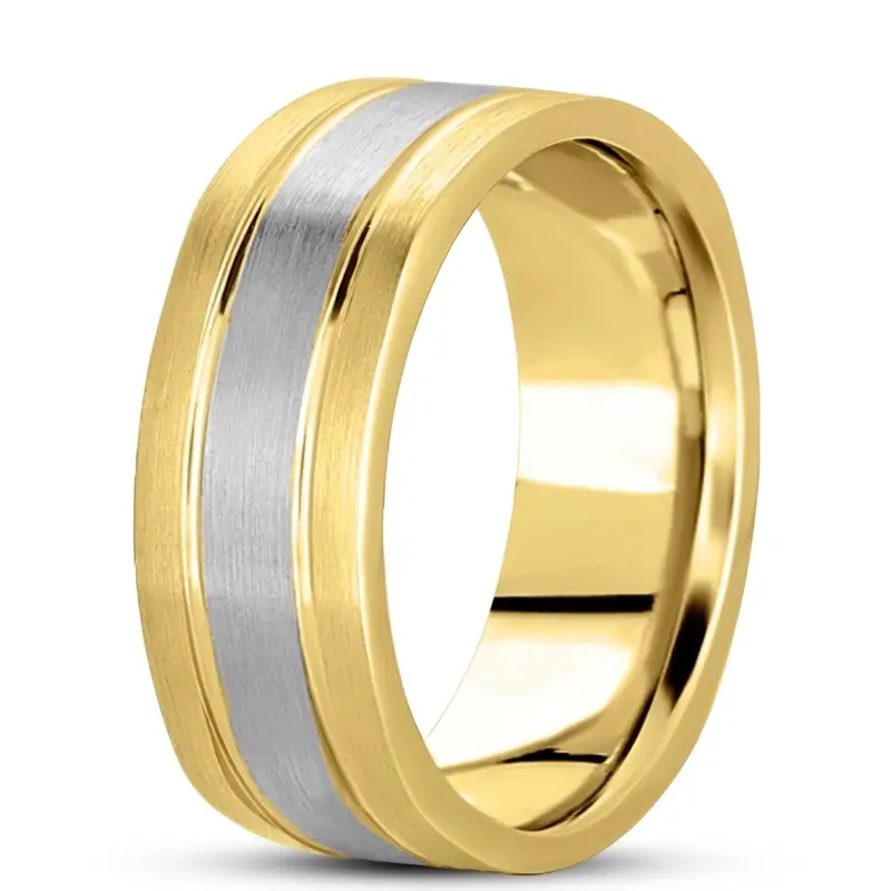 10K yellow-white-yellow gold 8mm. satin basic-carved-square-wedding-band - main view