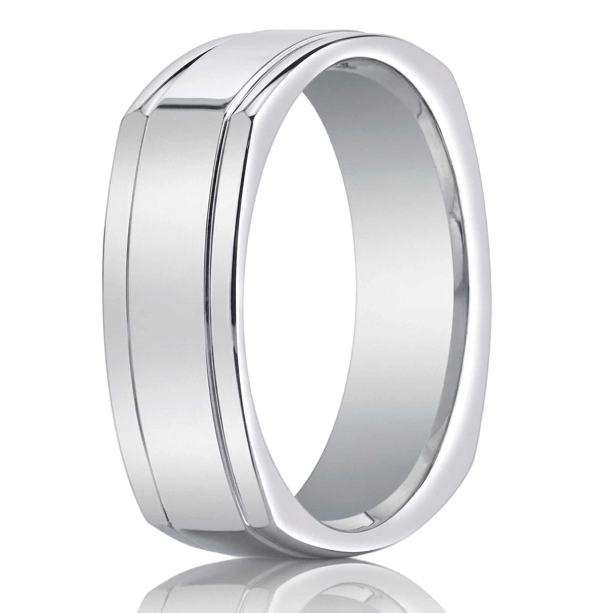 14K white gold 7mm. high polish Four-Sided-Carved-Design-Band - main view