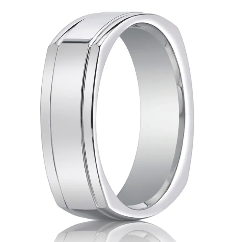 14K white gold 7mm. high polish Four-Sided-Carved-Design-Band - main view