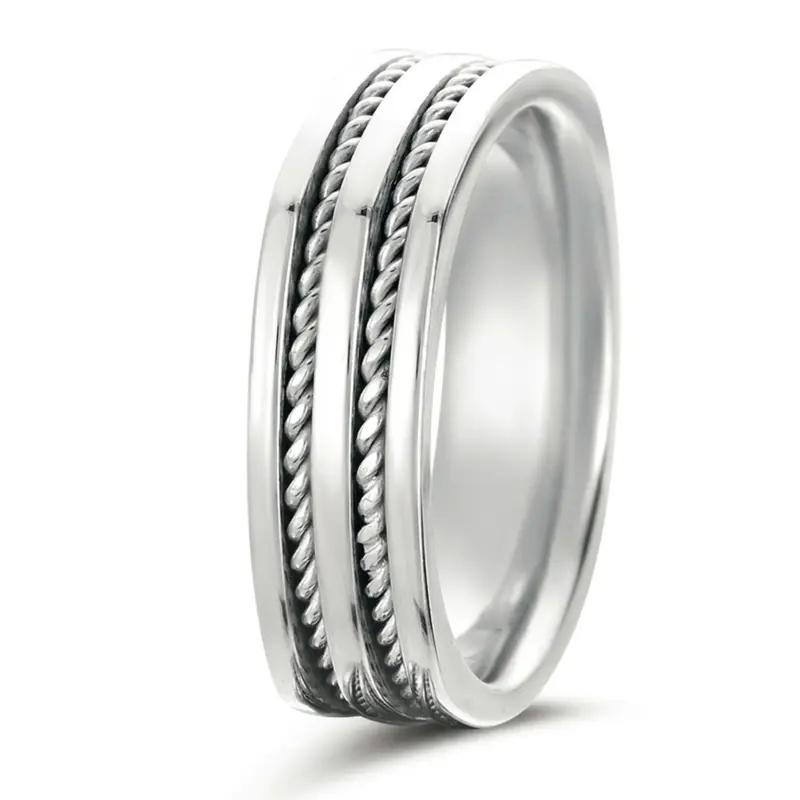 14K white gold 7mm. high polish hand-made-braided-wedding-bands - main view