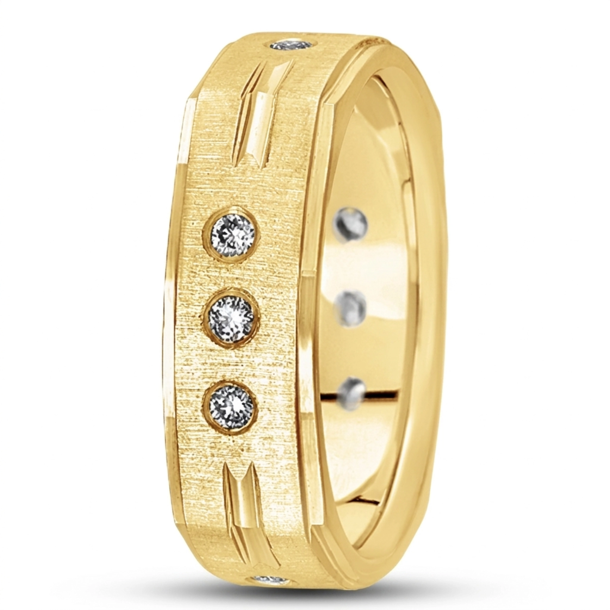 10K yellow gold 7mm. cross satin diamond-classic-round-wedding-band - alternate view 2