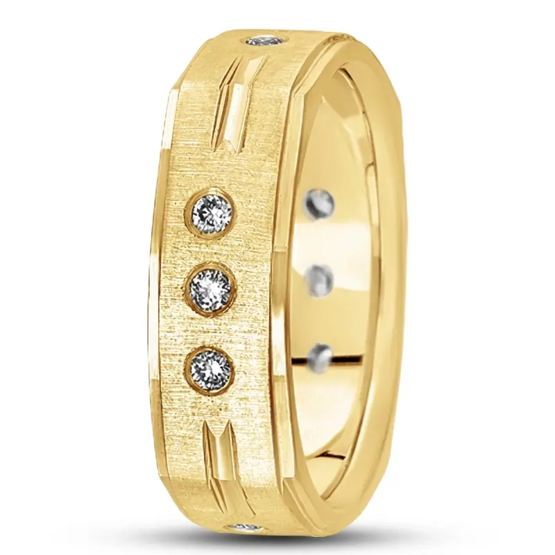 14K yellow gold 7mm. cross satin diamond-classic-round-wedding-band - alternate view 2