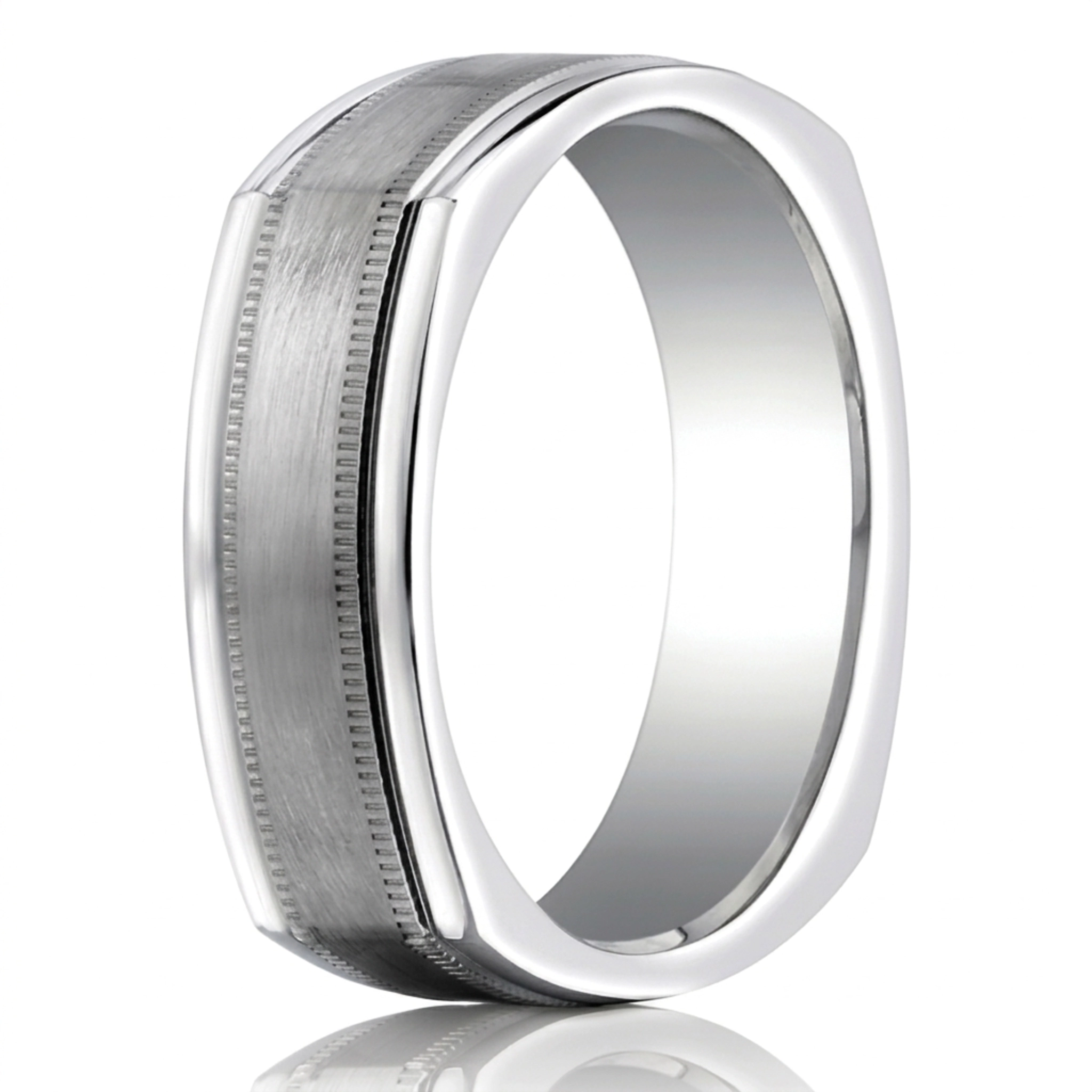 14K white gold 7mm. satin Milgrain-Four-Sided-Carved-Design-Band - alternate view 2