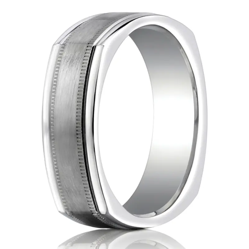 14K white gold 7mm. satin Milgrain-Four-Sided-Carved-Design-Band - alternate view 2