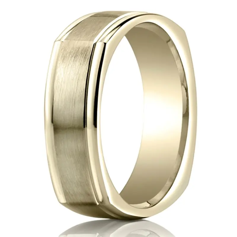 14K yellow gold 7mm. satin Satin-Finished-Four-Sided-Carved-Design-Band - main view