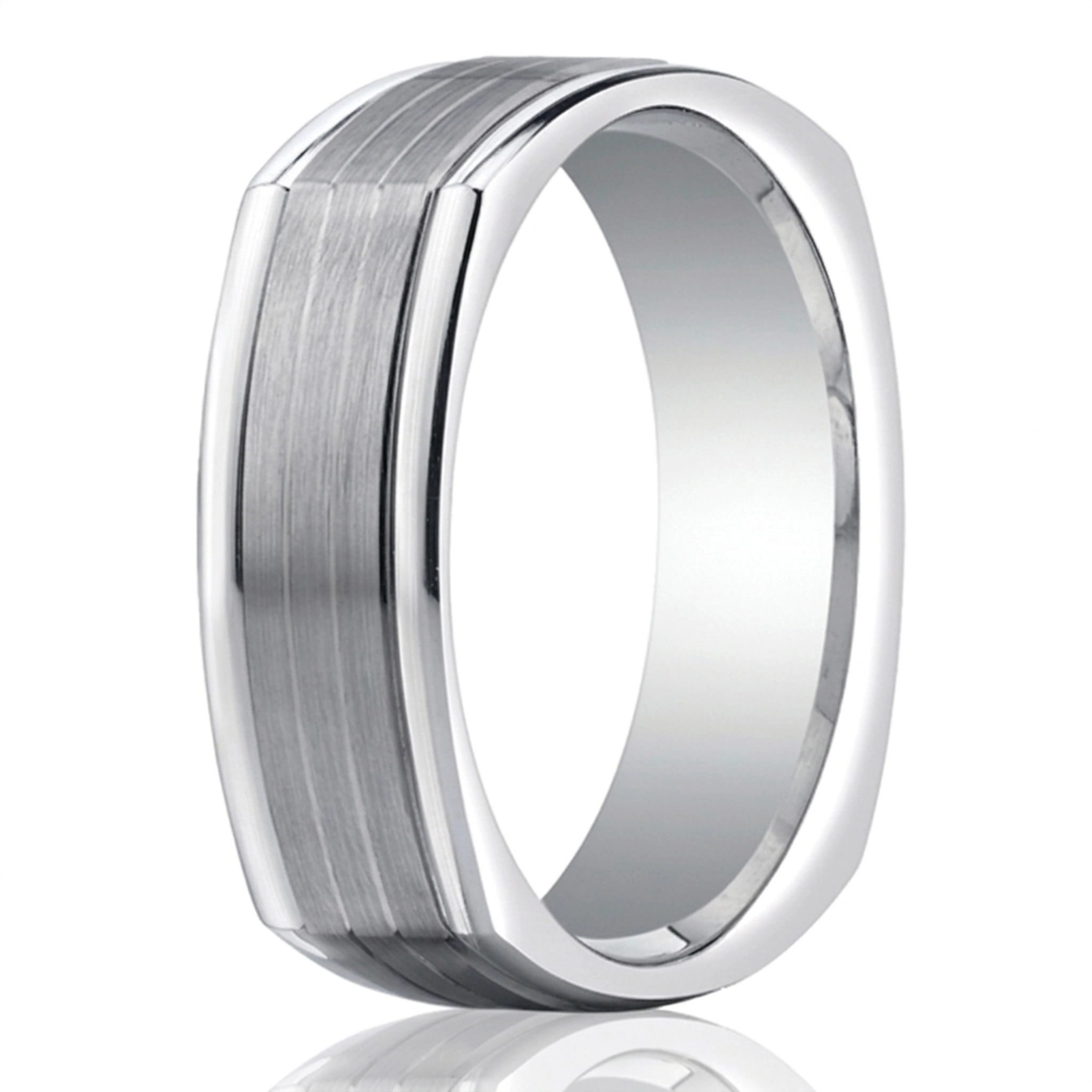 14K white gold 7mm. satin Four-Sided-Carved-Design-Band - main view