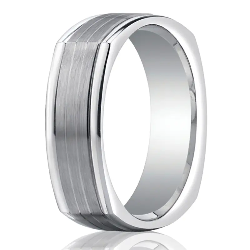 14K white gold 7mm. satin Four-Sided-Carved-Design-Band - main view