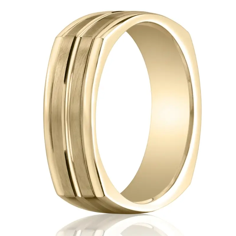 14K yellow gold 7mm. satin Four-Sided-Carved-Design-Band - main view
