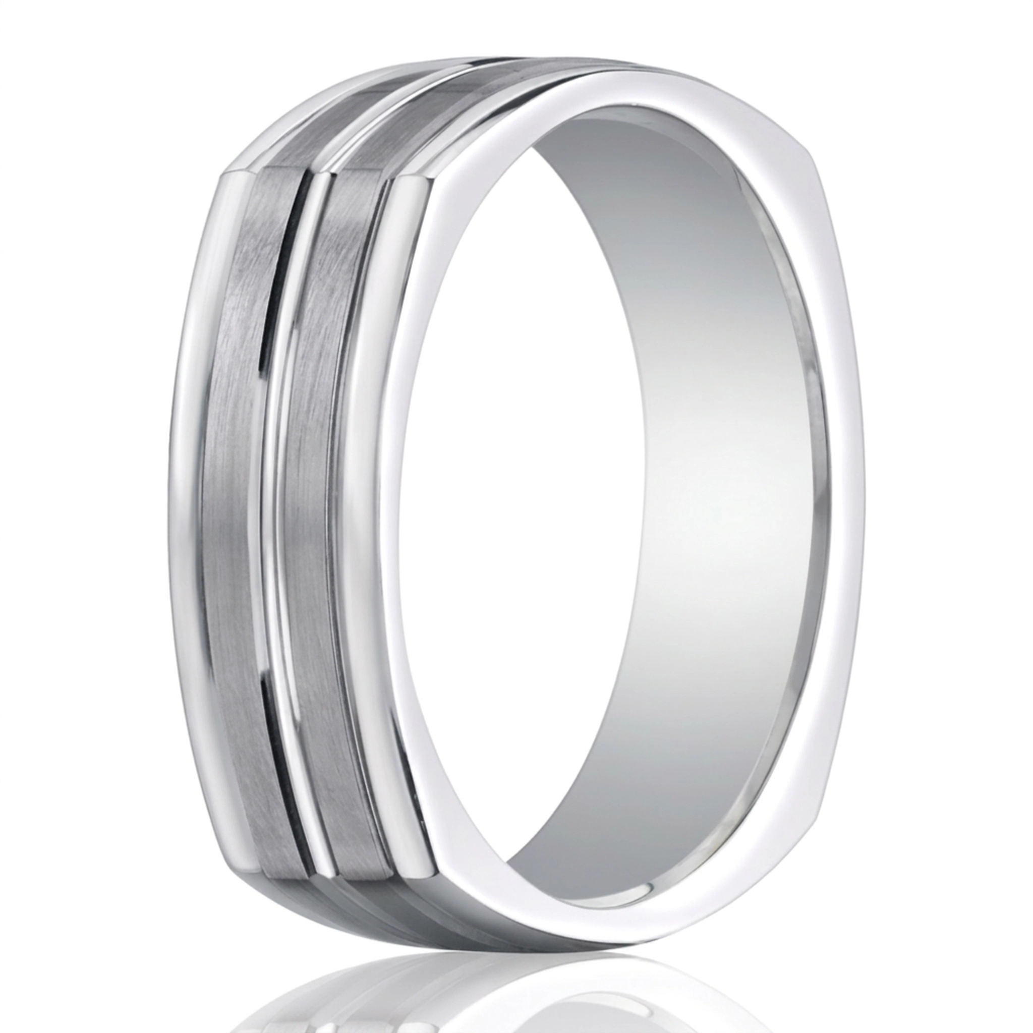 14K white gold 7mm. satin Four-Sided-Carved-Design-Band - alternate view 2