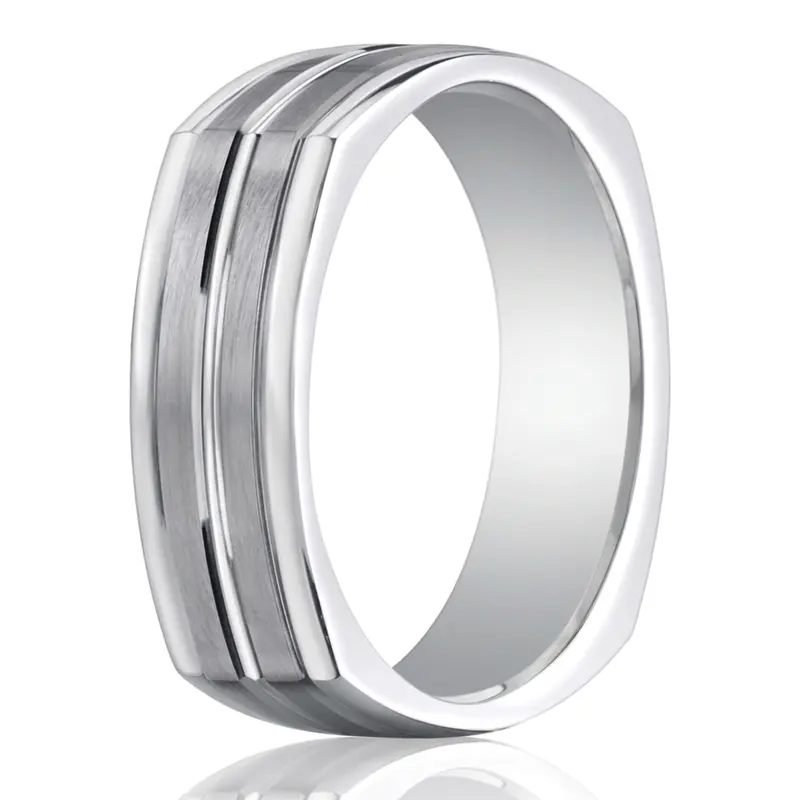 14K white gold 7mm. satin Four-Sided-Carved-Design-Band - alternate view 2