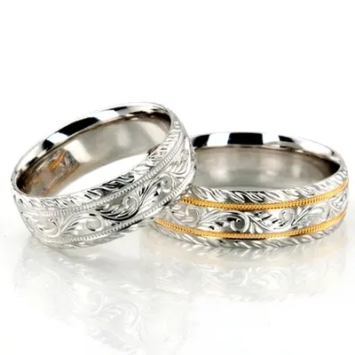 Chic Hand Engraved Leaf Design Matching Ring Set For Couples - view 2 of 5
