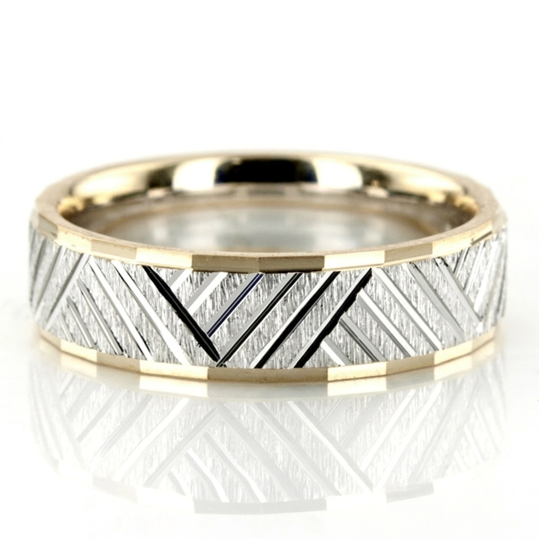 10K yellow-white-yellow gold 6mm. cross satin basic-carved-diamond-cut-wedding-band - main view
