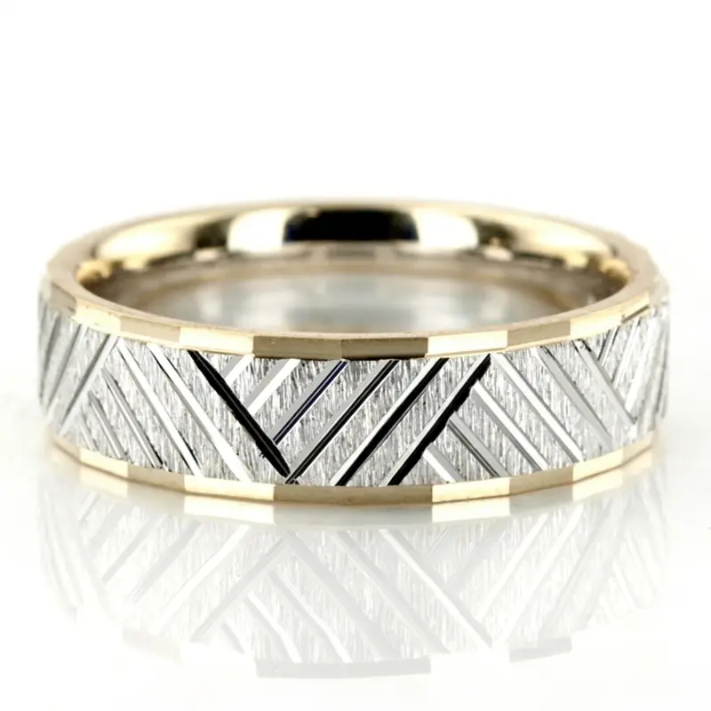 14K yellow-white-yellow gold 6mm. cross satin basic-carved-diamond-cut-wedding-band - main view