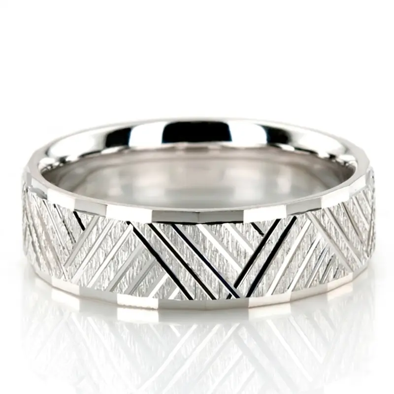 14K white gold 7mm. cross satin basic-carved-diamond-cut-wedding-band - alternate view 3