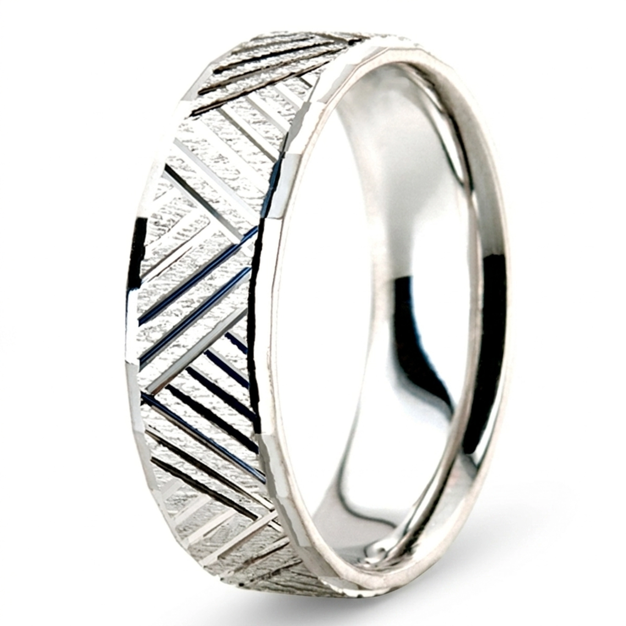 10K white gold 7mm. cross satin basic-carved-diamond-cut-wedding-band - alternate view 6