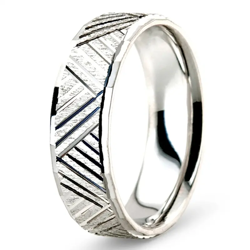 14K white gold 7mm. cross satin basic-carved-diamond-cut-wedding-band - alternate view 6