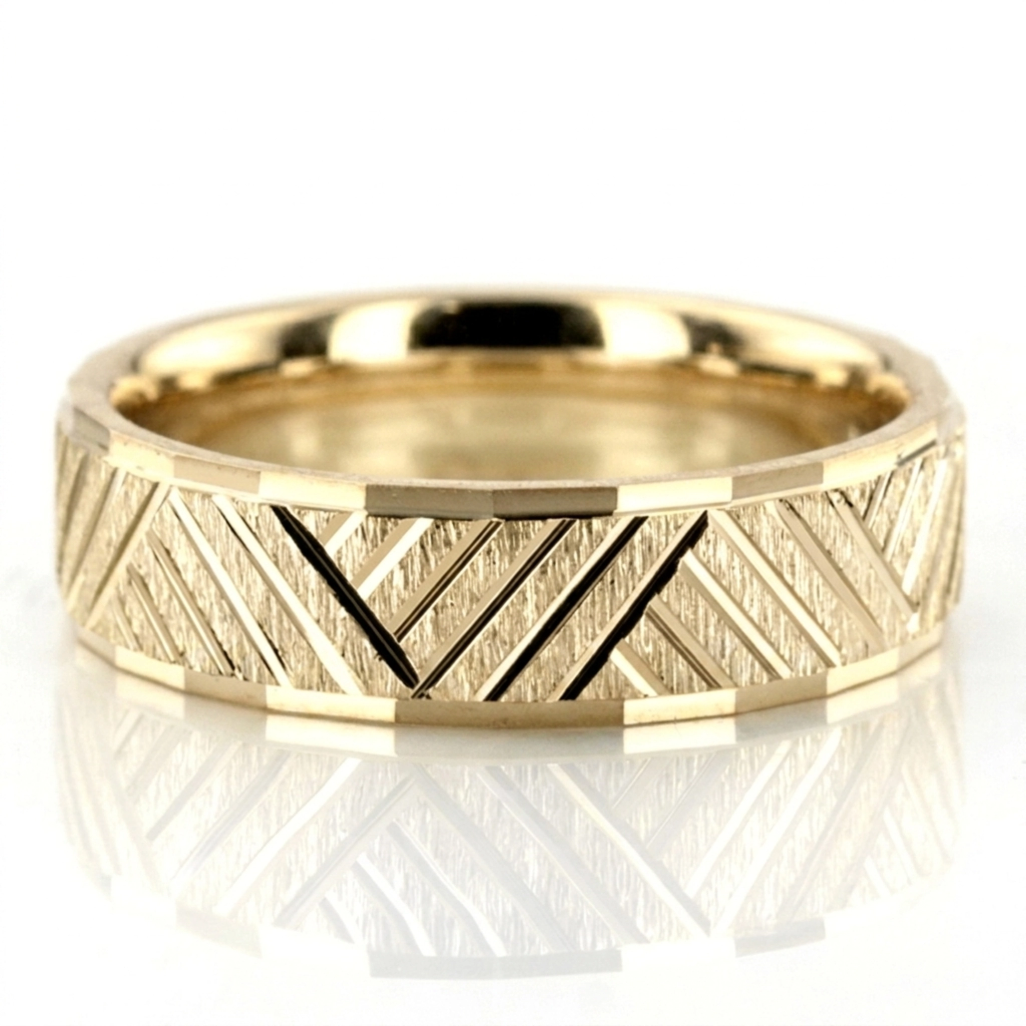 10K yellow gold 6mm. cross satin basic-carved-diamond-cut-wedding-band - alternate view 2