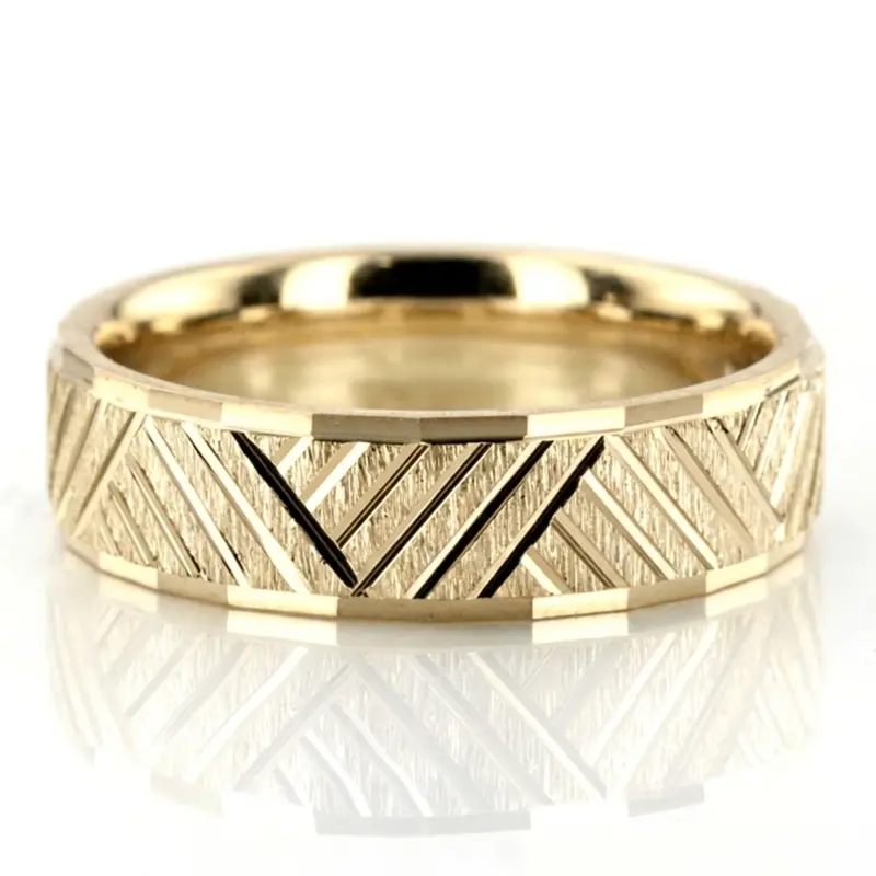 14K yellow gold 6mm. cross satin basic-carved-diamond-cut-wedding-band - alternate view 2