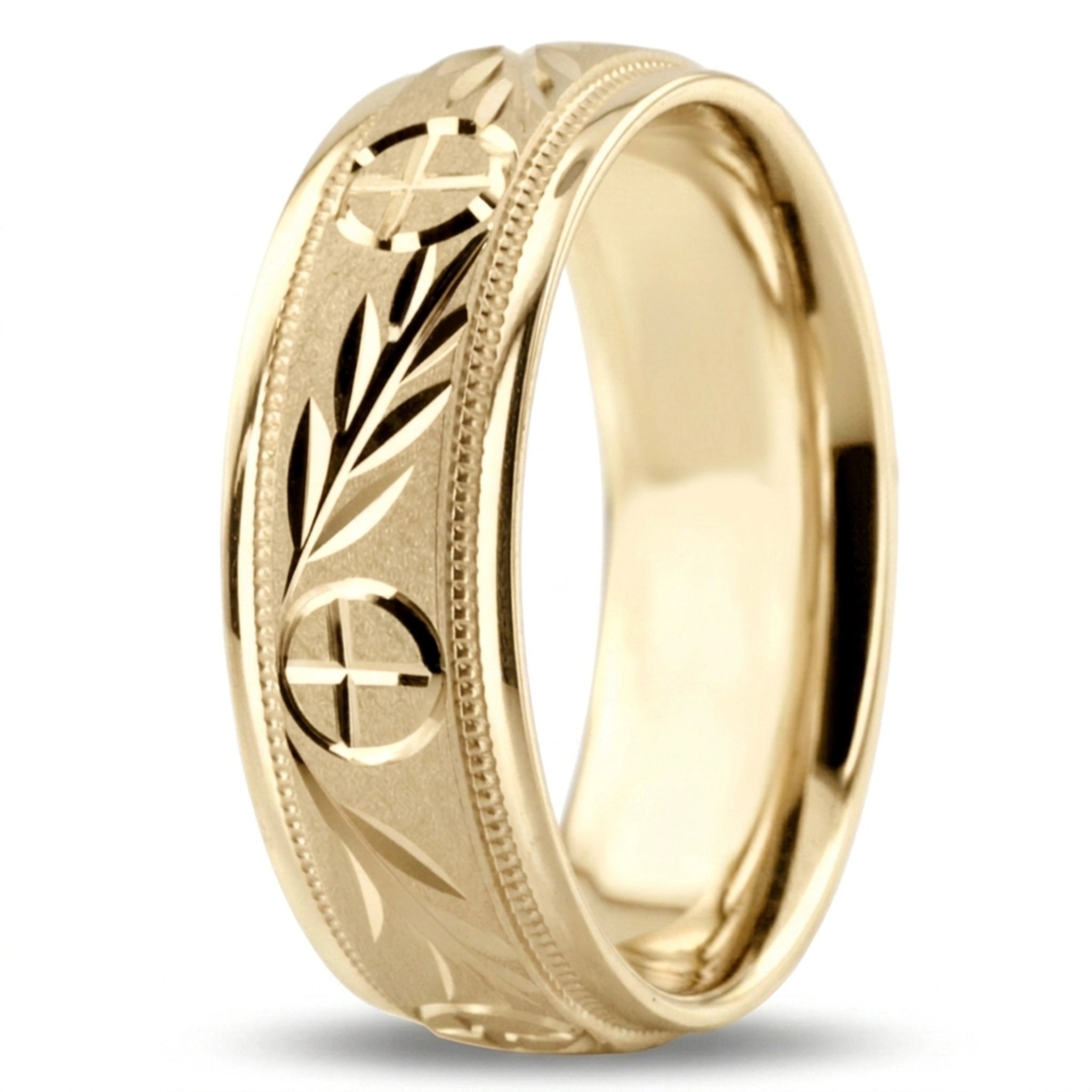 14K yellow gold 7mm. glass-bead Religious-Leaf-Design-Wedding-Band - alternate view 9