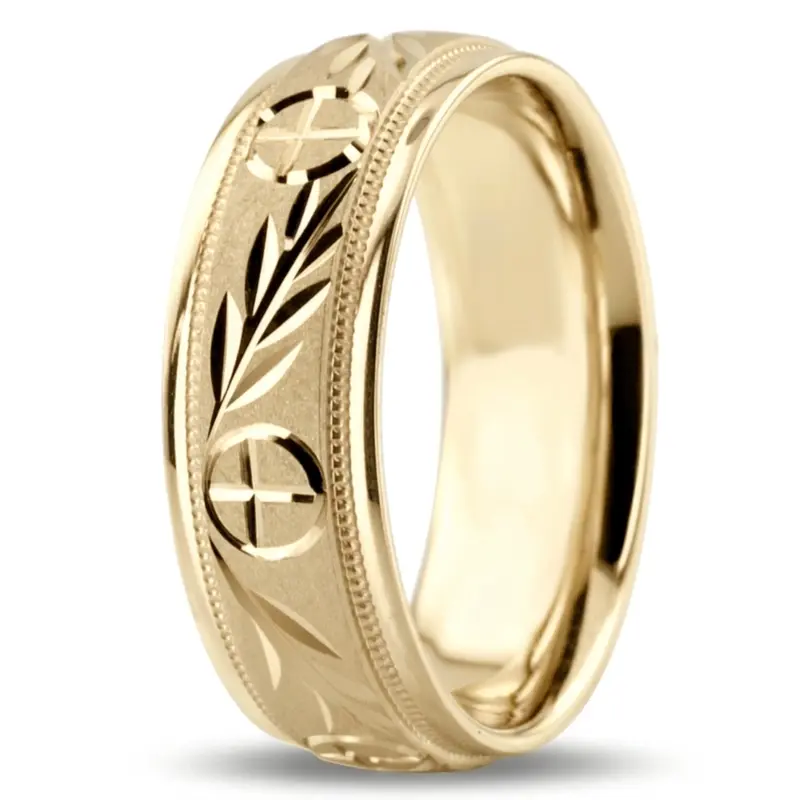 10K yellow gold 7mm. glass-bead Religious-Leaf-Design-Wedding-Band - alternate view 9